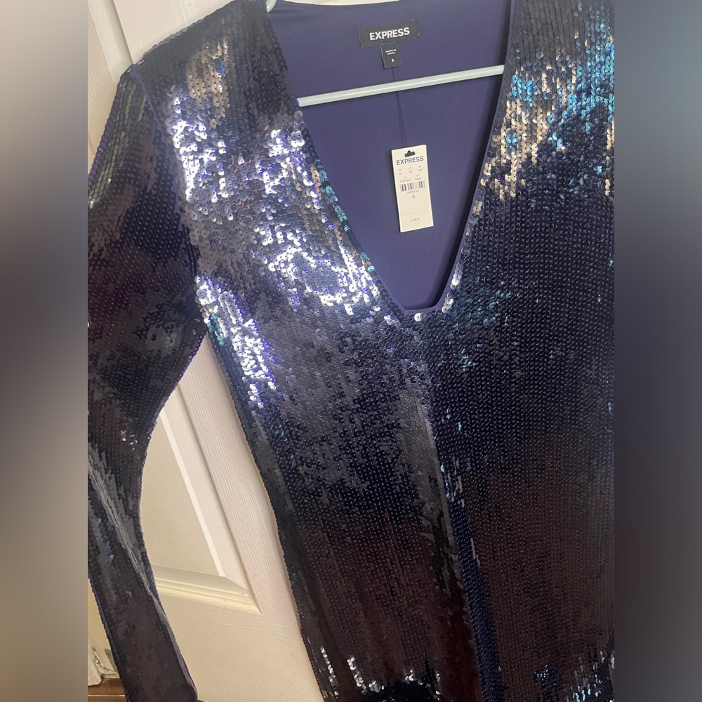 Sequin V-Neck Strong Shoulder Mini Sheath Dress in Navy - small